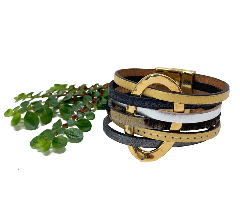5 layers bracelet black, brown cow  leather, silver and gold