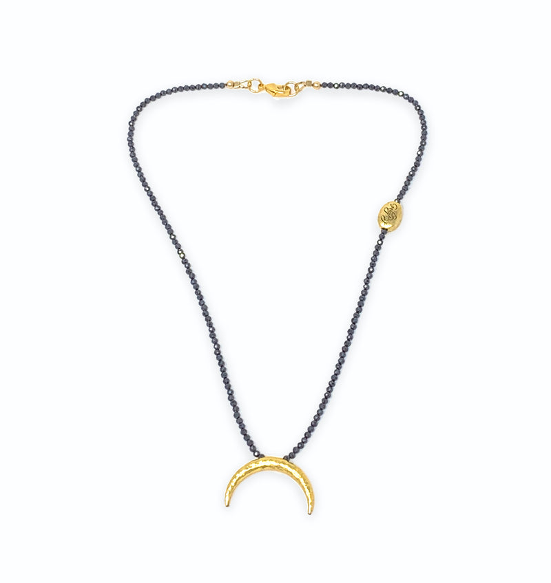Spinel black beads necklace half moon pendant